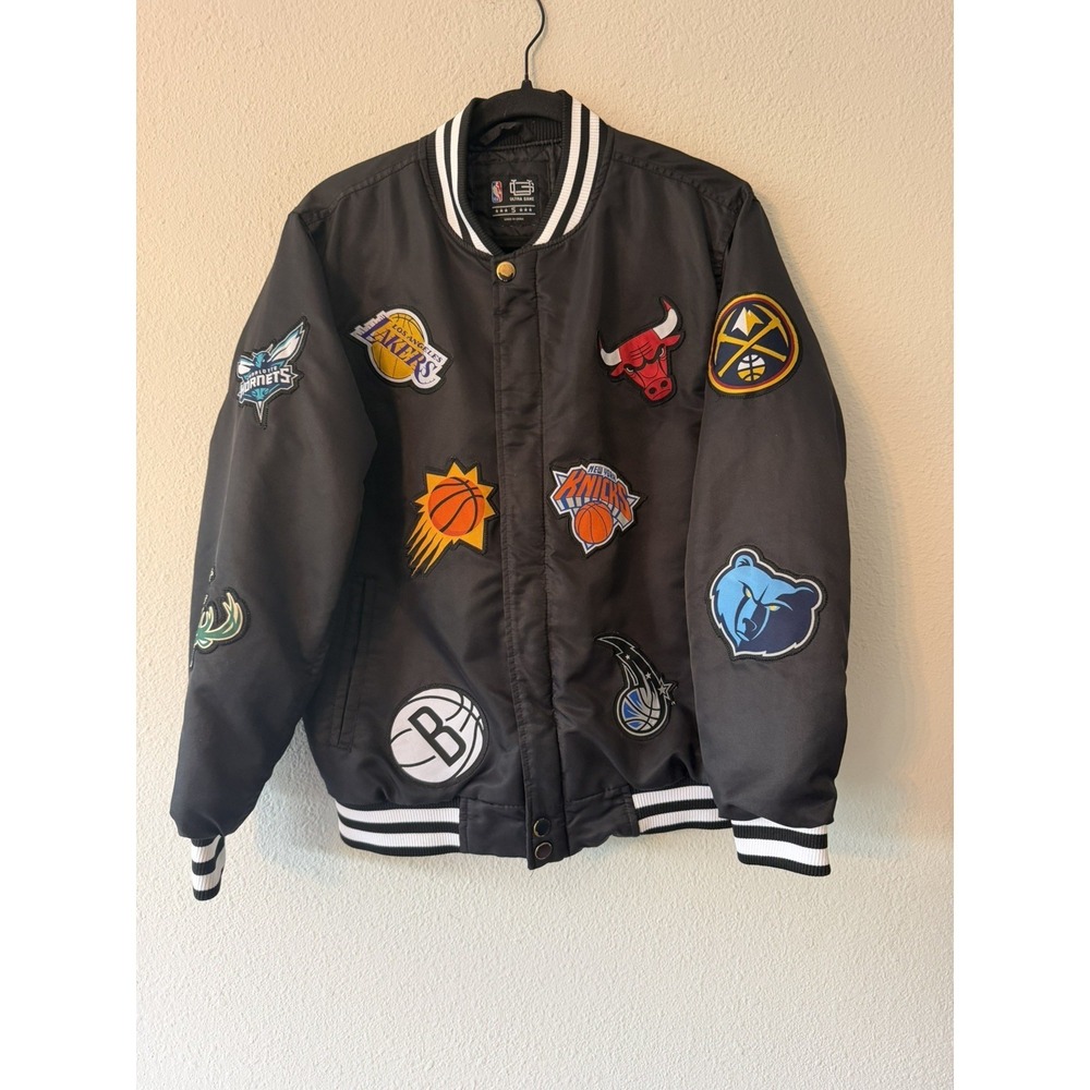 NBA x Ultra Game Multi Team Bomber Jacket Mens Small Black Quilted Patches